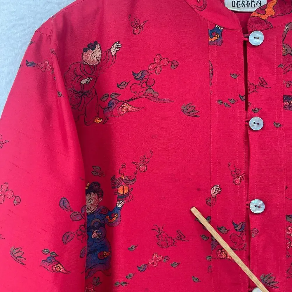 CHICOS Blouse 3 XL Asian Chinese Print Silk Satin Mandarin Collar Button Up Red_11